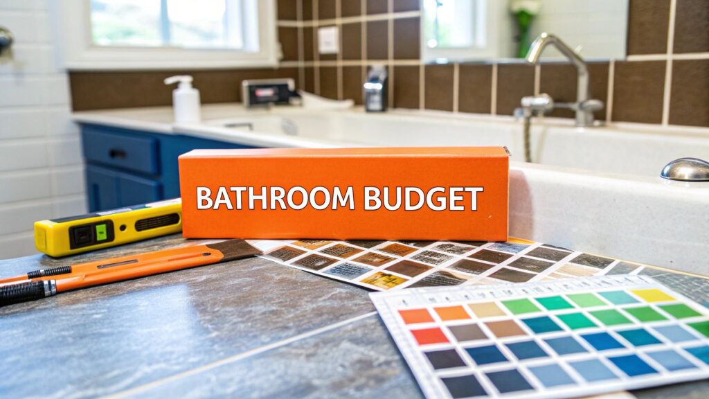 Bathroom budget box on countertop with color samples and tools, emphasizing financial planning for bathroom remodel in Orange County.