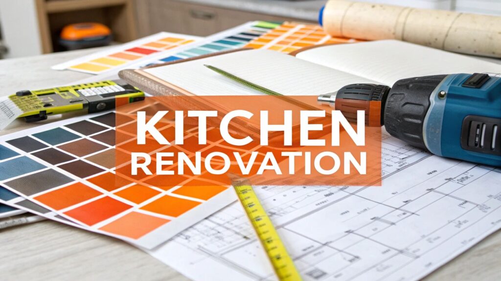 Colorful paint swatches, a drill, measuring tape, and renovation plans on a workspace, emphasizing kitchen renovation process and design planning.