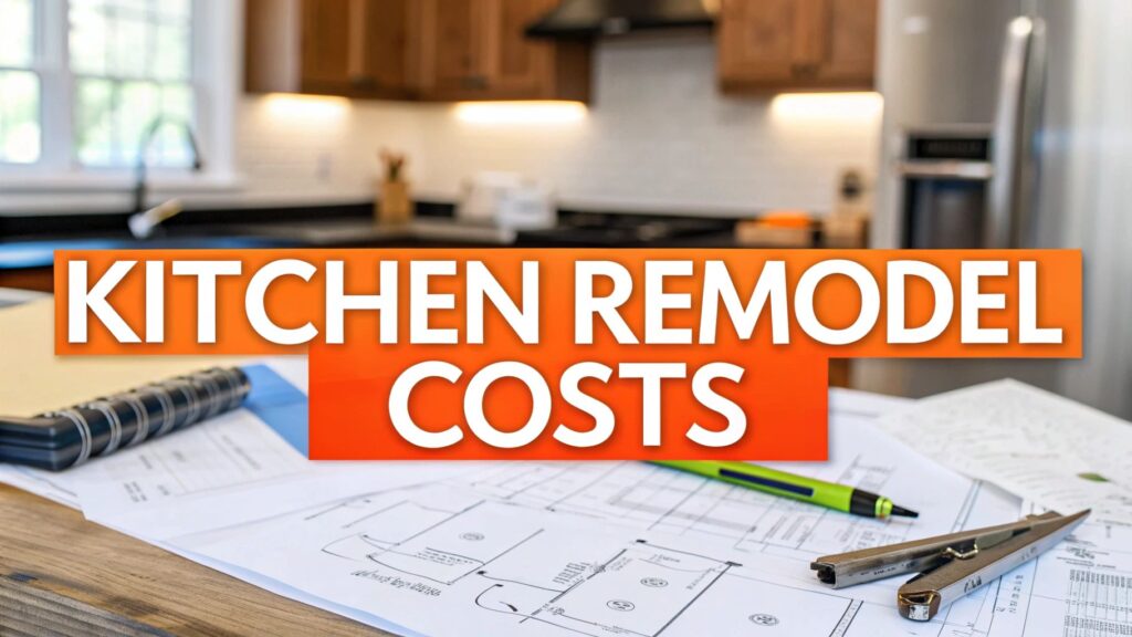 Kitchen remodel costs with architectural plans, notebook, and pen on a countertop in a modern kitchen setting.