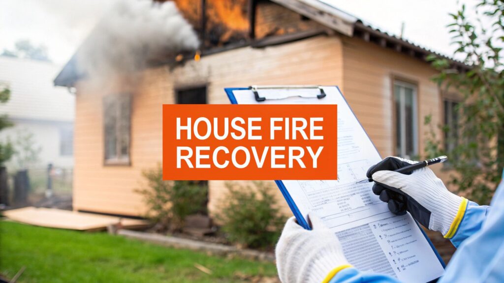 House fire recovery assessment with clipboard in front of damaged home and smoke rising, emphasizing the importance of restoration services for homeowners in crisis.