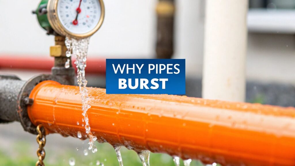 Water pressure gauge on pipe with water leaking, text overlay "WHY PIPES BURST," illustrating causes of water pipe failures and plumbing emergencies in Orange County.