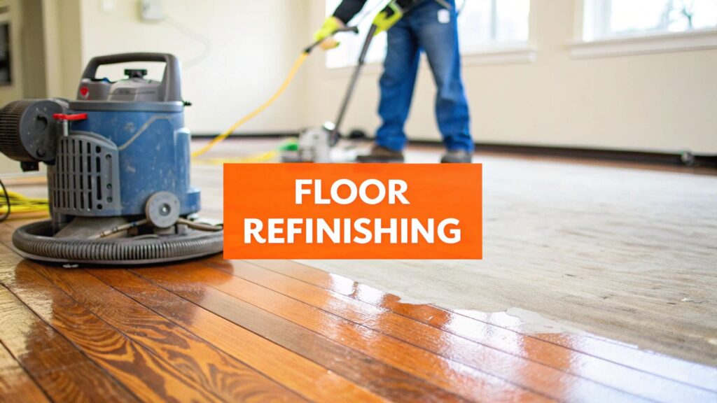 Floor refinishing process with sanding equipment and partially refinished hardwood floor, emphasizing craftsmanship and restoration.