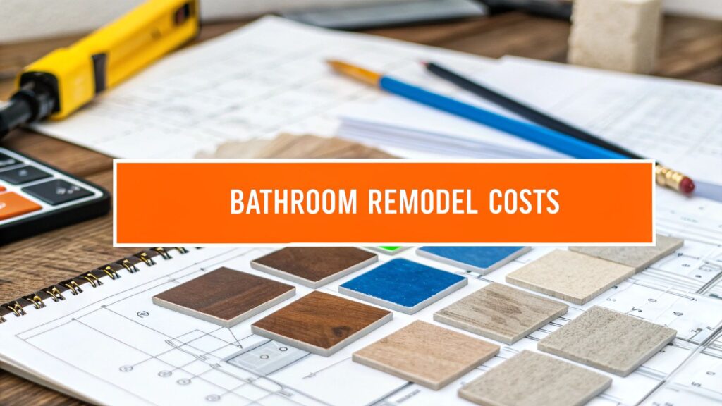 Bathroom remodel cost breakdown with color samples, design plans, and calculator, emphasizing budgeting for renovations.