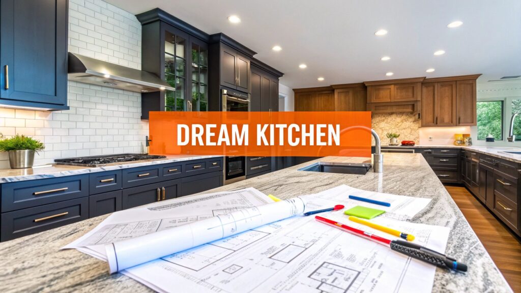 Dream kitchen design with blue cabinetry, granite countertops, and architectural plans on the counter, emphasizing expert kitchen remodel planning.