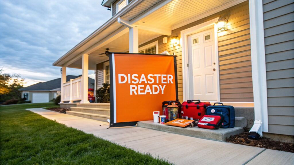 Disaster preparedness display with "DISASTER READY" banner, emergency kits, and survival supplies outside a Southern California home.