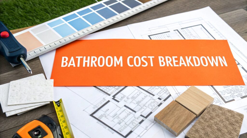 Bathroom cost breakdown materials, including design plans, samples of tiles, and color swatches, emphasizing budget considerations for bathroom remodeling in Orange County.