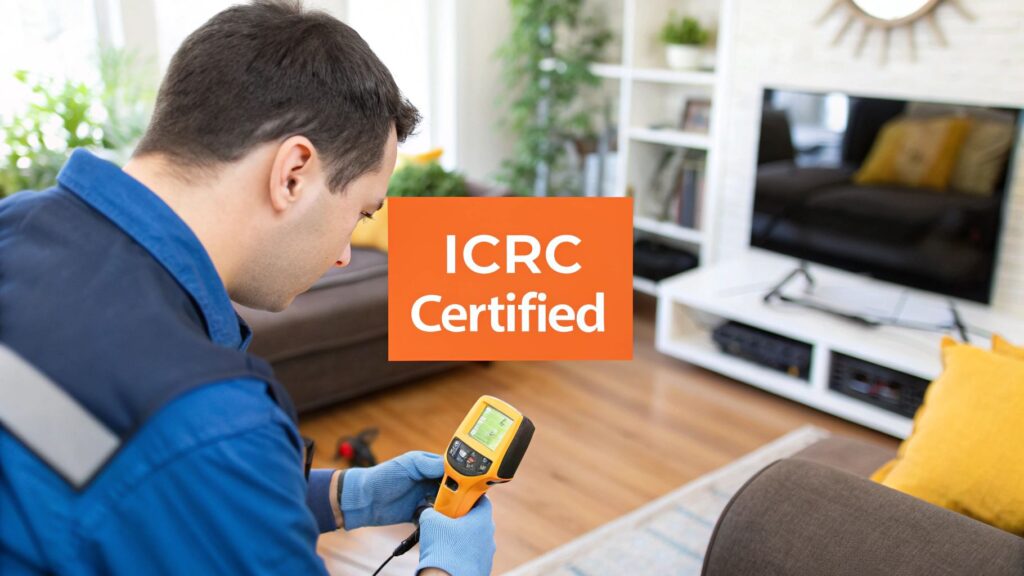 Technician using moisture meter in a home setting with IICRC Certified logo, emphasizing professional restoration services for property damage.