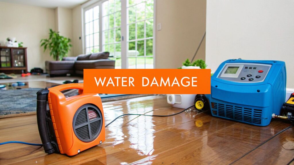 Water damage restoration equipment in a flooded living room, featuring an orange air mover and a blue dehumidifier, with visible water on the wooden floor and a "WATER DAMAGE" sign.