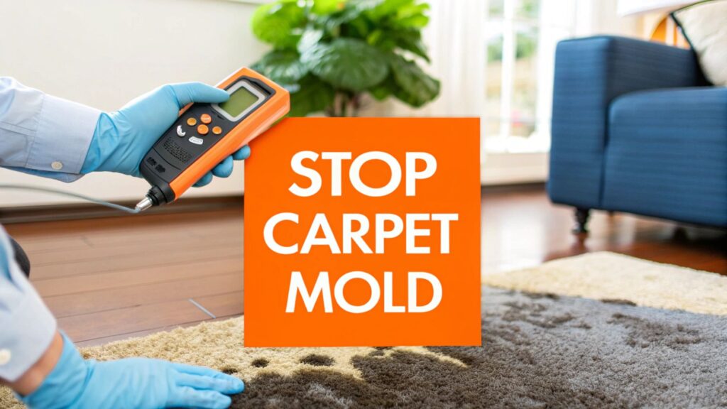 Person using moisture meter on carpet to detect water damage and prevent mold growth, with "STOP CARPET MOLD" message prominently displayed.