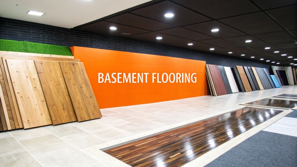 Basement flooring display featuring various wood and tile samples against an orange wall labeled "BASEMENT FLOORING," highlighting flooring options for basement renovations in Orange County.