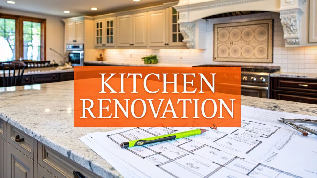 Kitchen renovation with plans and tools on countertop, showcasing a modern kitchen design, emphasizing expert guidance in the remodeling process.