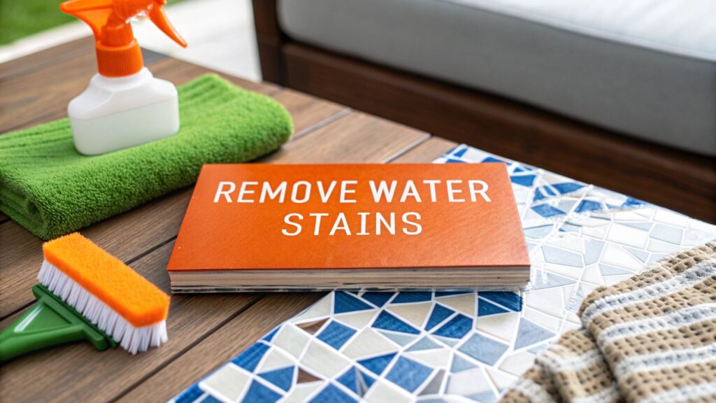 Book titled "REMOVE WATER STAINS" on a wooden table with cleaning supplies including a green towel, spray bottle, and scrub brush, emphasizing home restoration and stain removal techniques.