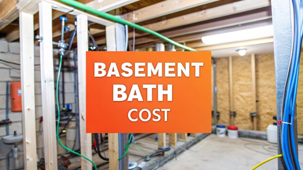 Basement bathroom installation cost graphic featuring plumbing infrastructure and text "BASEMENT BATH COST," relevant to budgeting for basement renovations in Orange County.