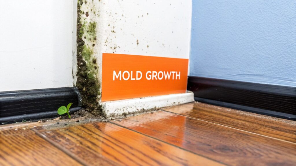 Mold growth in a corner of a room with an orange sign labeled "MOLD GROWTH," highlighting moisture issues relevant to homeowners in Orange County.