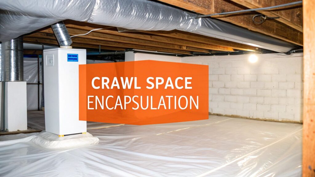 Crawl space encapsulation setup featuring a white dehumidifier in a sealed area with bright lighting and a protective liner, emphasizing moisture control and improved air quality for healthier homes.
