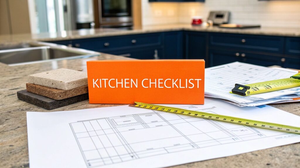 Kitchen checklist sign on countertop with renovation plans and materials, emphasizing essential planning for kitchen remodeling in Orange County.
