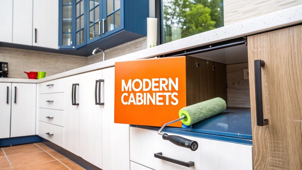Modern kitchen cabinets with a sign reading "MODERN CABINETS," featuring a paint roller, showcasing a renovation project in an Orange County home.