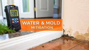 Water and mold mitigation tools and techniques in a home setting, featuring a moisture meter and visible mold growth on wall.