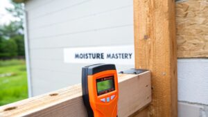 Moisture meter on wooden beam with "Moisture Mastery" sign in background, illustrating moisture measurement techniques for water damage restoration.