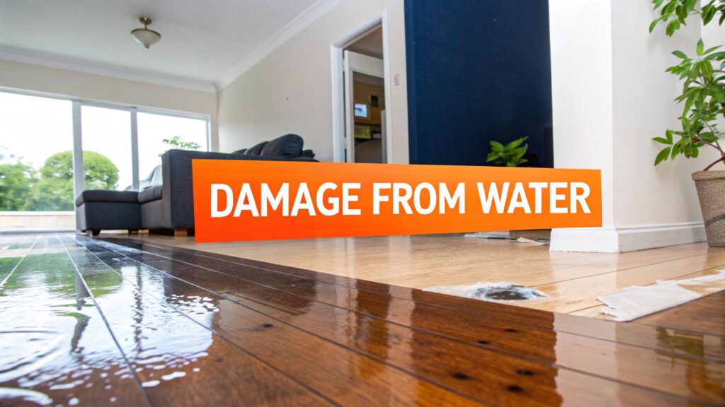 Damage from water on hardwood floor in living room, with visible puddle and text overlay emphasizing the seriousness of water damage.