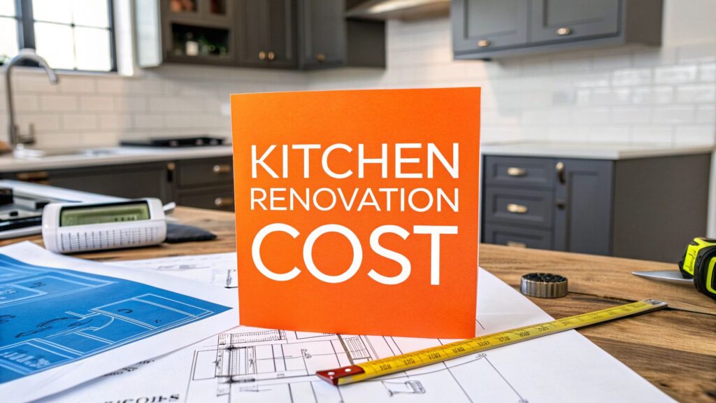 Kitchen renovation cost sign on a countertop with blueprints, measuring tape, and kitchen appliances in a modern kitchen setting.