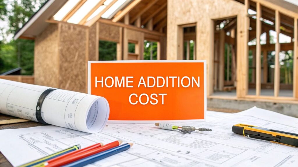 Home addition cost sign in front of construction plans and tools, with a partially built house in the background, illustrating home expansion budgeting in Orange County.