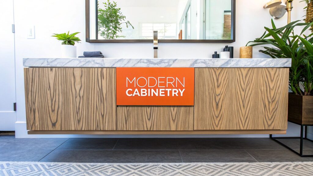 Modern bathroom cabinetry with a marble countertop and an orange "MODERN CABINETRY" sign, featuring wood grain design and decorative plants in a contemporary bathroom setting.