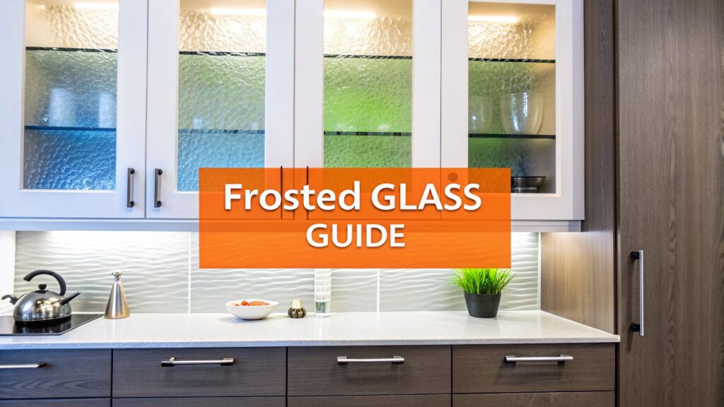 Frosted glass kitchen cabinets with modern design, featuring decorative glass shelves, stylish countertop, and contemporary kitchen accessories, emphasizing elegance and functionality in home remodeling.
