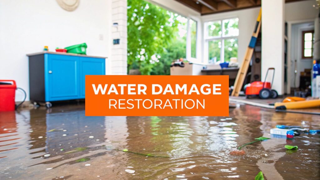 Water damage restoration scene with flooded floor, visible water accumulation, and bold text overlay reading "WATER DAMAGE RESTORATION," emphasizing the need for immediate action in home restoration.