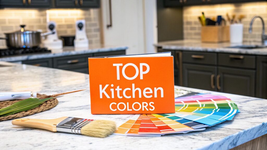 Top kitchen colors guidebook on a marble countertop with paint swatches and a brush, illustrating color selection for high-end kitchen design.