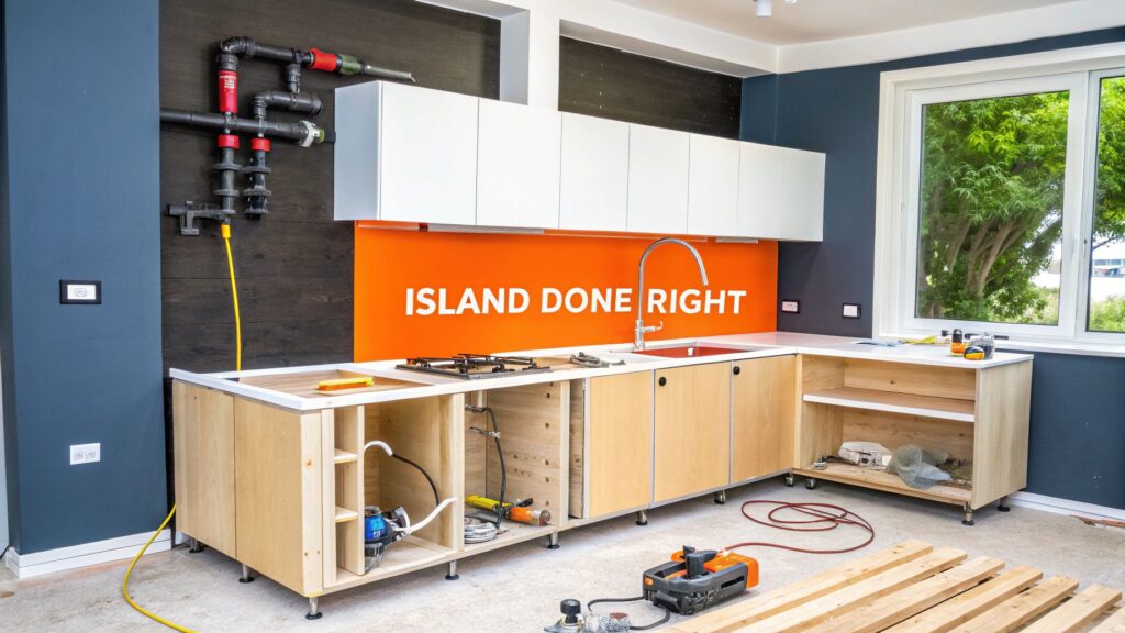 Kitchen island installation in progress, featuring an unfinished wooden island with a sink and gas cooktop, orange wall with "ISLAND DONE RIGHT" text, and plumbing fixtures visible.