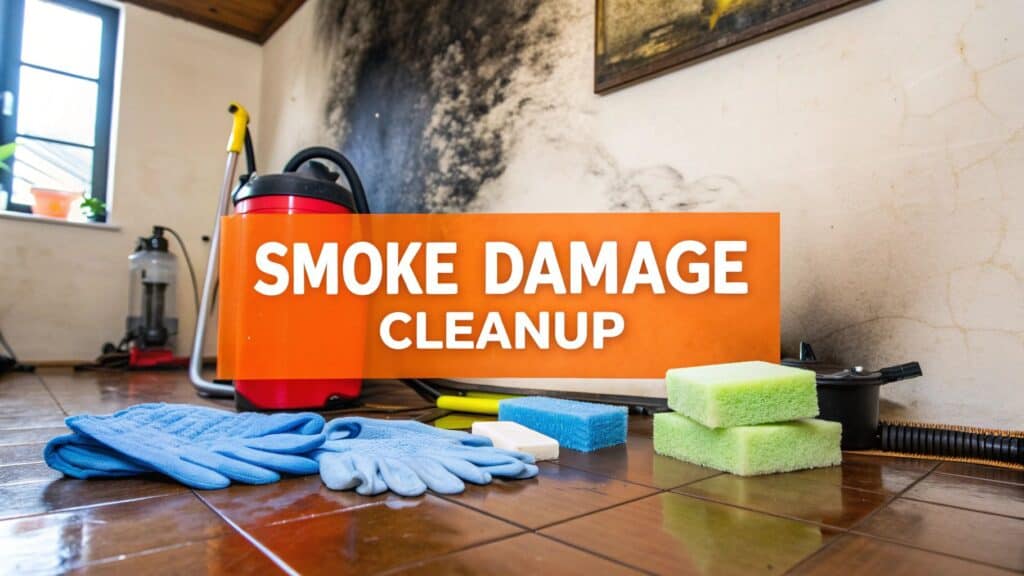 Smoke damage cleanup scene with cleaning supplies, including sponges, gloves, and a vacuum, set against a wall showing smoke stains, emphasizing restoration efforts after fire damage in homes.