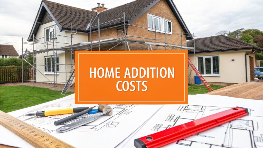 Home addition costs with construction plans and tools in foreground, house under renovation in Orange County.