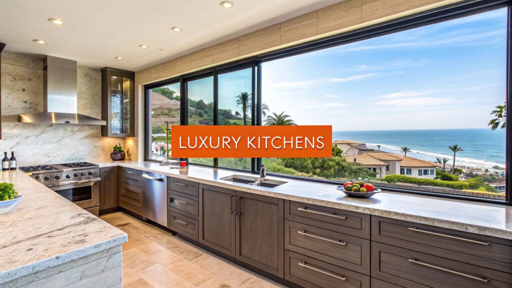 Luxury kitchen design featuring modern cabinetry, marble countertops, and ocean view, highlighted by "LUXURY KITCHENS" text overlay, ideal for upscale Orange County homes.