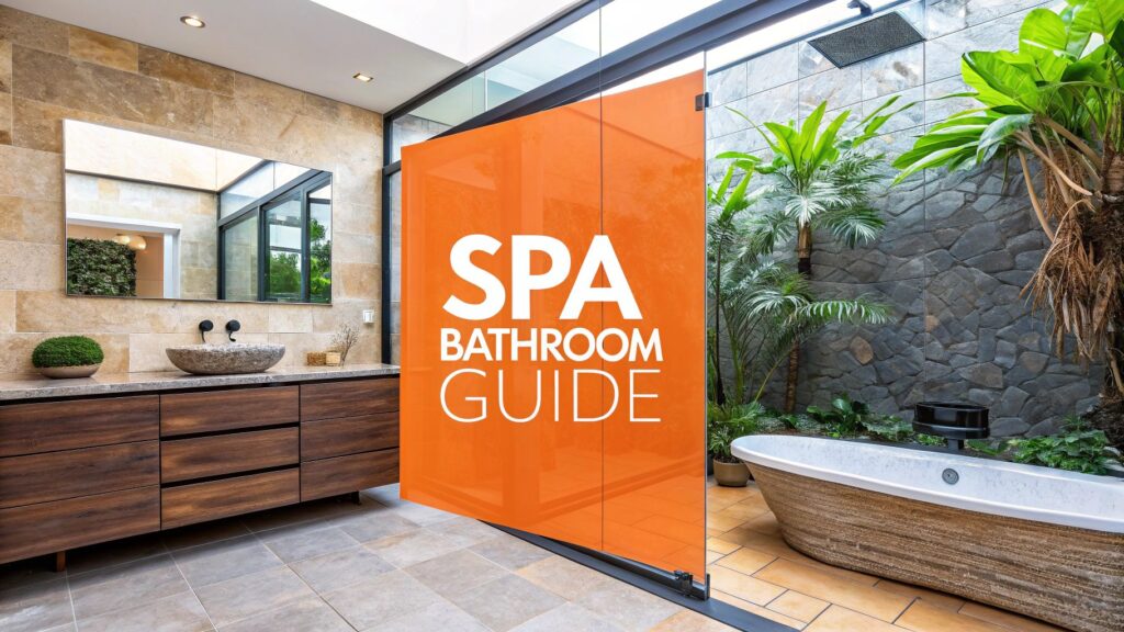 Spa bathroom guide featuring a luxurious bathroom design with natural stone walls, a wooden vanity, and a freestanding tub surrounded by greenery, emphasizing serene aesthetics for a personal wellness retreat.