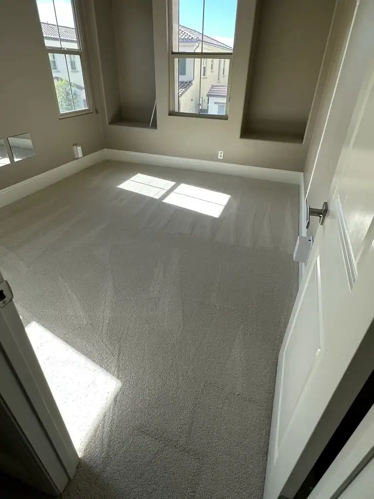 Brightly lit room showcasing freshly installed light-colored carpet flooring, with windows allowing natural light and a door partially open, emphasizing Sparkle Restoration's flooring installation services.