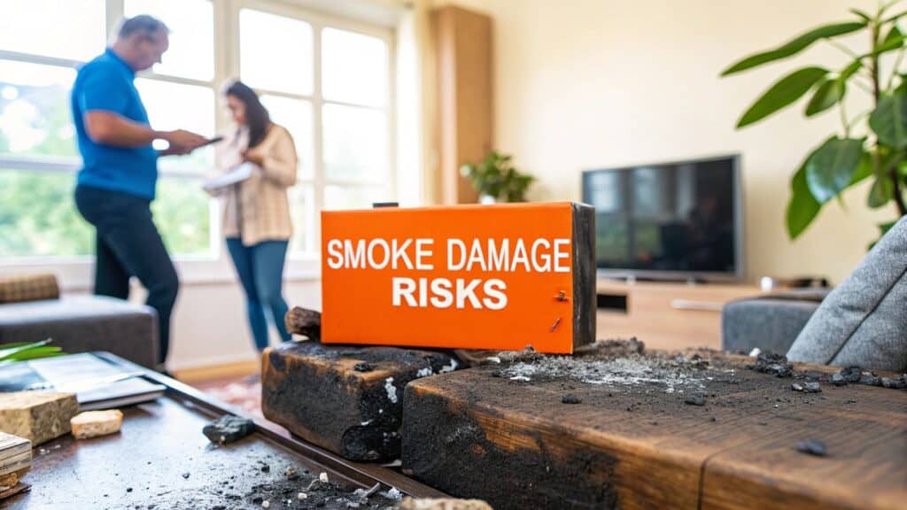 Smoke damage risks sign on a wooden table with soot and debris, two individuals discussing restoration in a home setting.