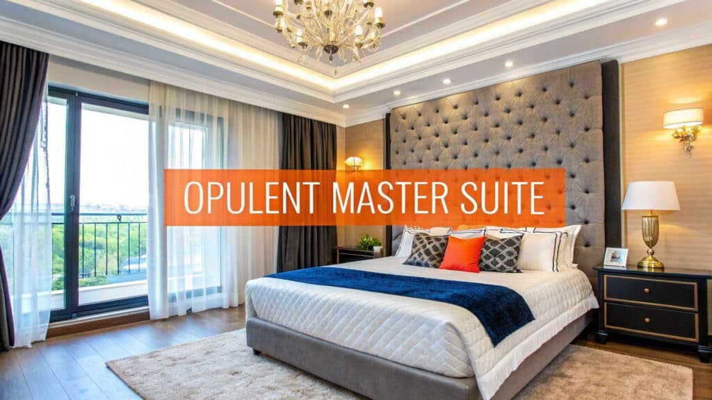 Opulent master suite featuring a plush bed with decorative pillows, elegant chandelier, large windows with sheer curtains, and sophisticated wall design, representing luxury bedroom ideas for Orange County homes.