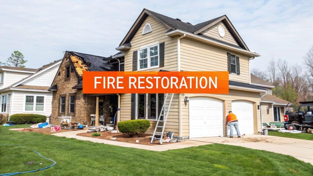 Fire restoration work on a damaged home in Orange County, featuring a worker in an orange shirt, visible ladder, and the text "FIRE RESTORATION" prominently displayed.