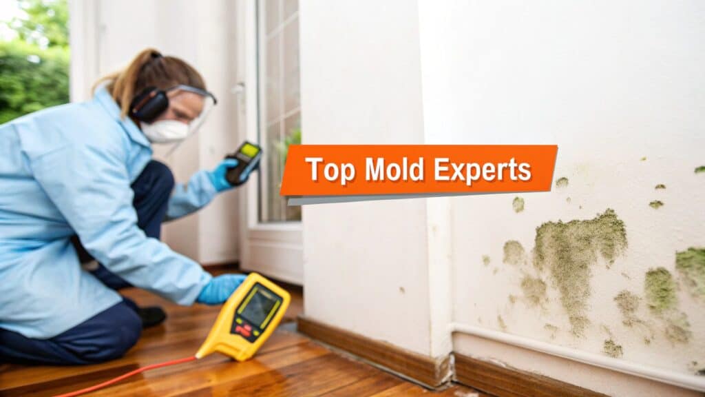 Professional mold inspector using moisture meter in a residential setting with visible mold growth on the wall, emphasizing expertise in mold remediation.