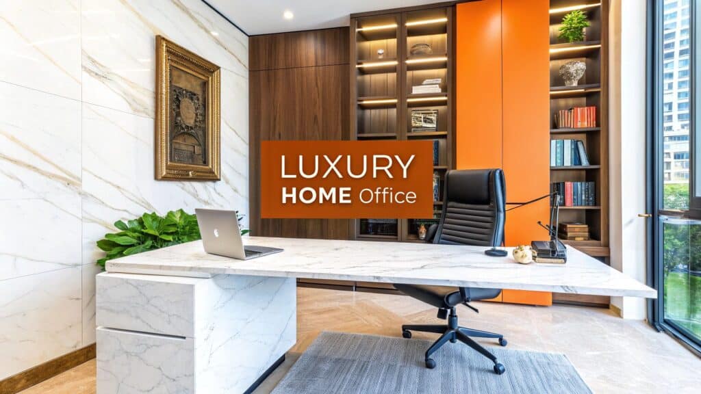 Luxury home office featuring a marble desk, modern ergonomic chair, laptop, and stylish wooden shelving with books and decor, emphasizing sophisticated design and productivity.