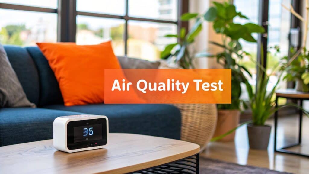Air quality testing device displaying measurement in a modern living room with plants and cozy furnishings, emphasizing the importance of indoor air quality in Orange County homes.
