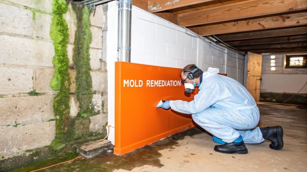 Professional in protective gear performing mold remediation in a basement, with visible "MOLD REMEDIATION" sign and green mold on the wall.