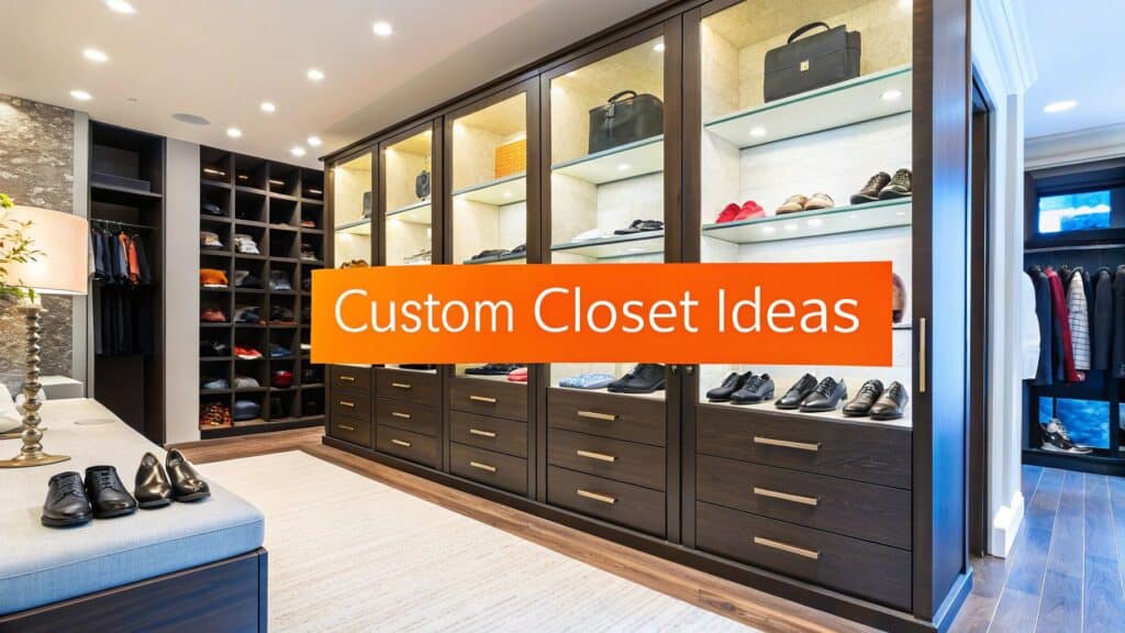 Custom closet design featuring organized shelving, stylish shoe display, luxury storage solutions, and illuminated cabinetry, emphasizing smart storage and elegance for Orange County homes.