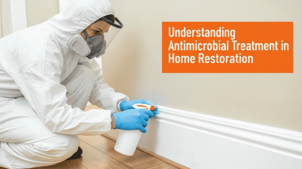 Professional in protective gear applying antimicrobial treatment to baseboards in home restoration.