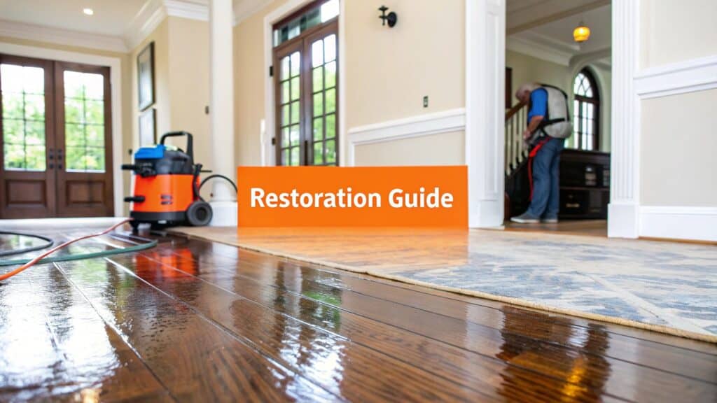 Restoration guide banner in a water-damaged home with hardwood floors and a restoration technician using equipment.