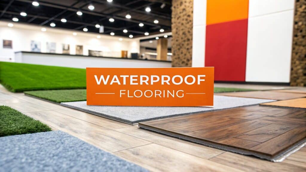 Waterproof flooring display sign in a showroom, showcasing various flooring options including Luxury Vinyl Plank, Porcelain Tile, and Epoxy-Coated Concrete for basement applications in Orange County.