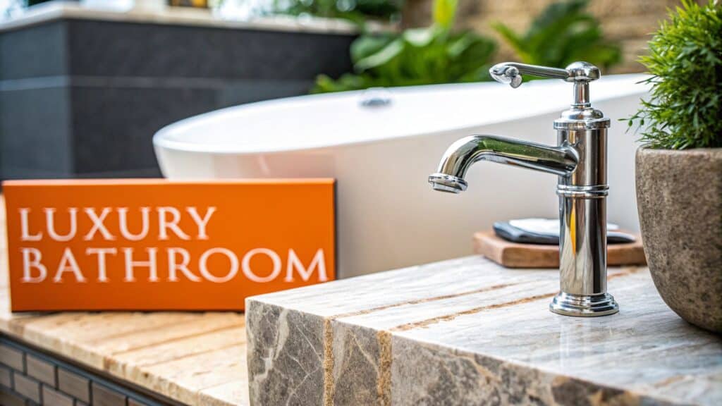 Luxury bathroom faucet on marble countertop with a "LUXURY BATHROOM" sign, showcasing high-end design elements for a spa-like experience in Orange County.