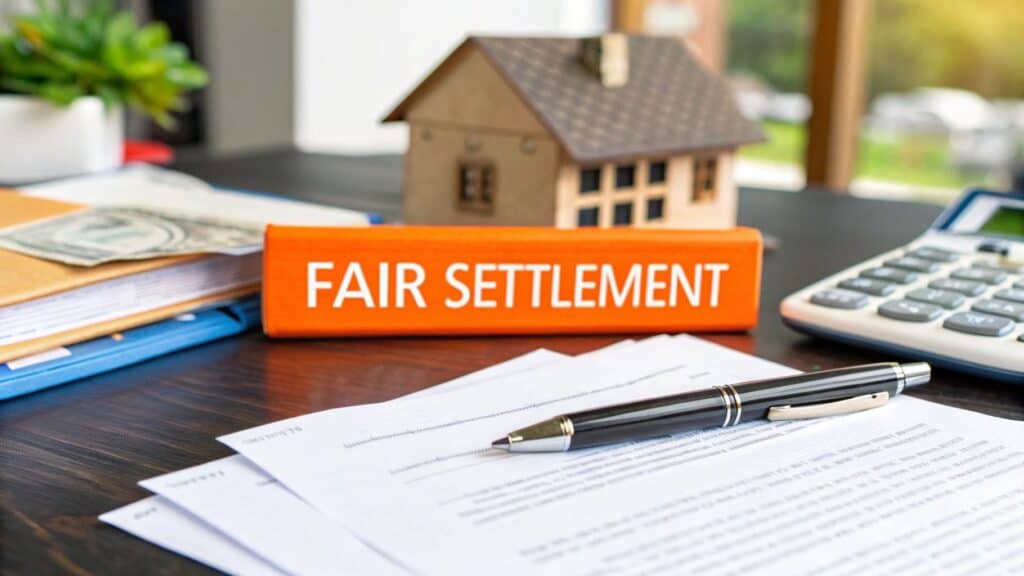 Desk with documents, pen, calculator, and a small house model, featuring an orange sign reading "FAIR SETTLEMENT," symbolizing negotiation strategies for insurance claims in Orange County.