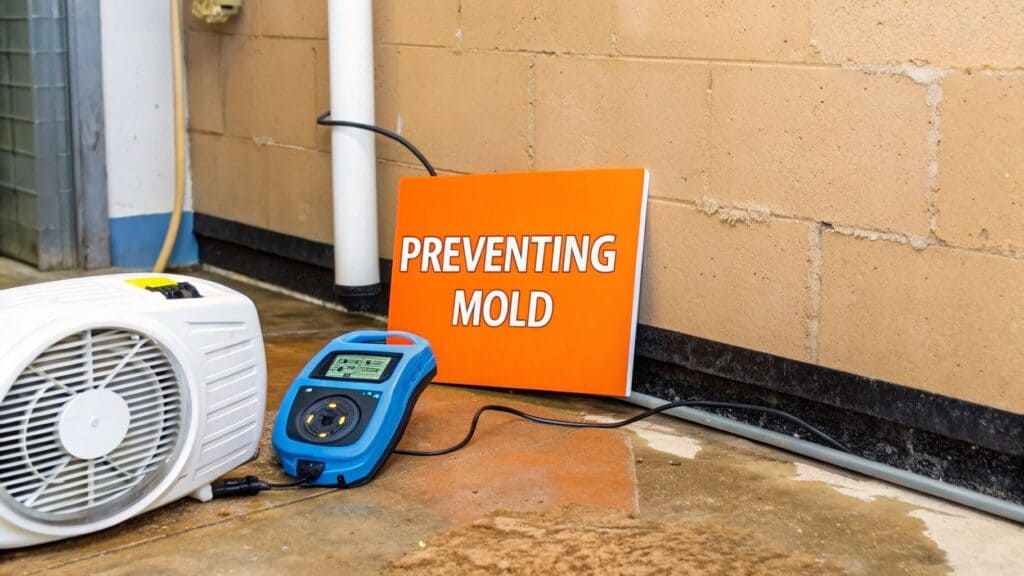 Preventing mold sign next to a moisture meter and air mover in a water-damaged area, emphasizing mold prevention strategies in Orange County.